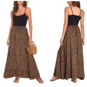 Bluetime Leopard Print Maxi Skirt Brown Tan Flowy Boho Chic Size Medium